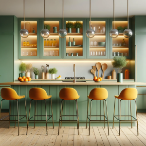 DALL·E 2023 10 30 16.19.53 Foto de una cocina minimalista con gabinetes de diseno limpio en verde esmeralda. Una barra de cocina en amarillo citrico con sillas naranja brillante