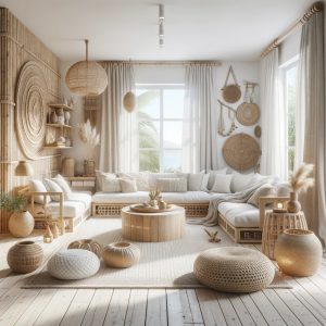 DALL·E 2023 10 30 17.18.45 Foto realista de un salon de estar con predominancia de blancos que destaca la sostenibilidad y texturas naturales. Muebles hechos de madera reciclad